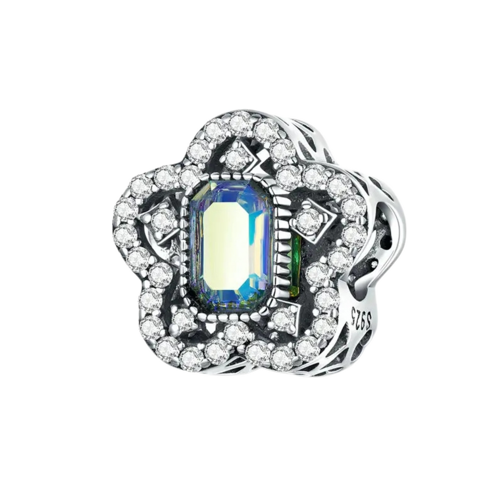 Charm fijo flor pavé con cristal tornasol